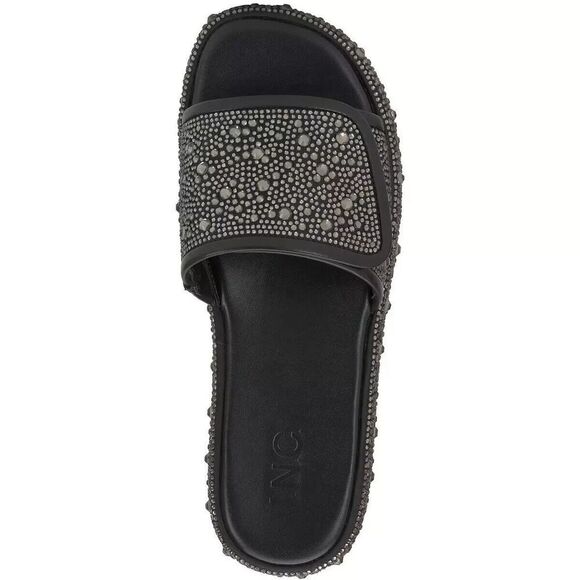 INC Women's Faux Leather Slip On Self Closure Slide Sandals Shoes Black Bling 10 - Picture 1 of 3